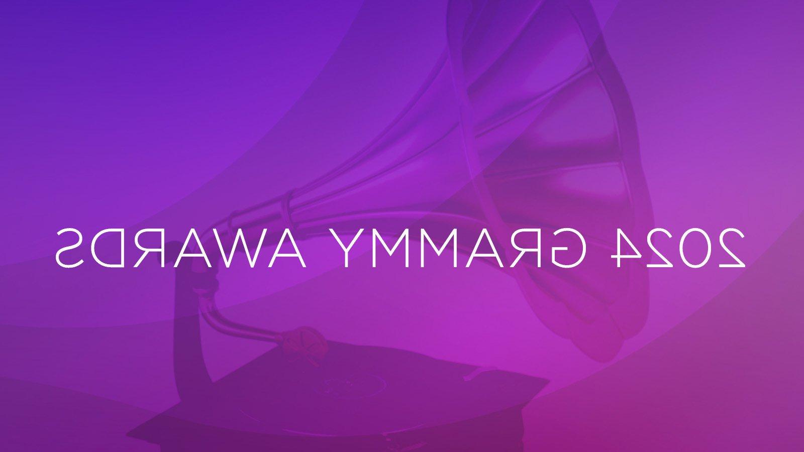 A graphic of a gramophone on a purple background. The words 2024 Grammy Awards are overlaid in white.